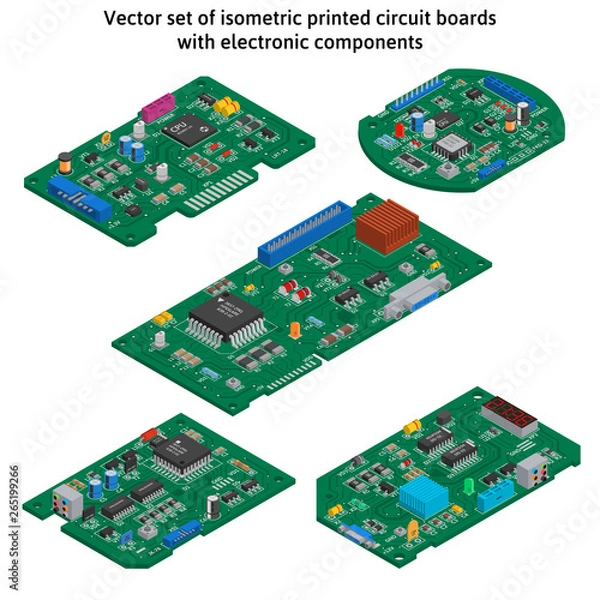 Obraz Vector set of isometric printed circuit boards with electronic components