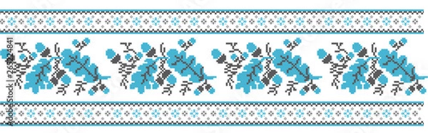 Obraz Ethnic design elements for cross-stitch embroidery in Ukrainian traditional style. Blue colors, vector illustration with acorns and oaks leafs