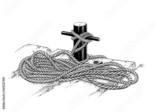 Fototapeta Vector drawing of mooring rope in black color, isolated on white background. Graphic illustration, hand drawing. Drawing for posters, decoration and print. Vector illustration