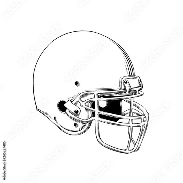Fototapeta Vector drawing of american football helmet in black color, isolated on white background. Graphic illustration, hand drawing. Drawing for posters, decoration and print. Vector illustration
