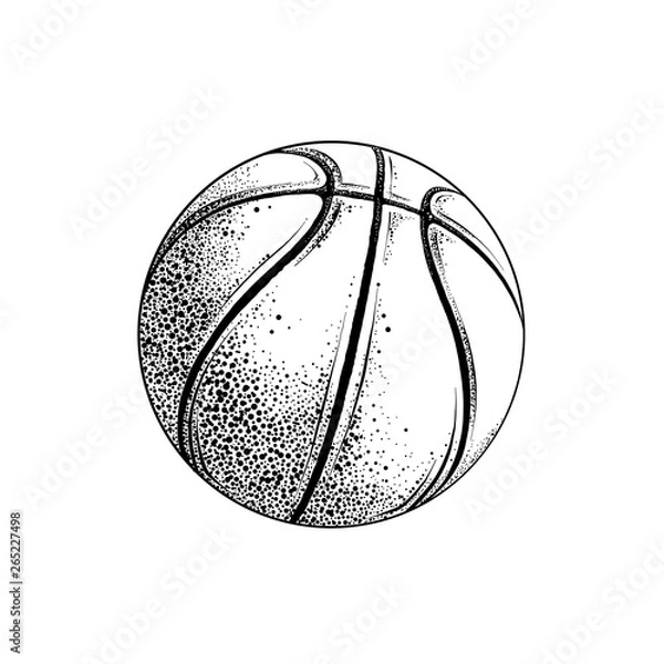 Fototapeta Vector drawing of basketball ball in black color, isolated on white background. Graphic illustration, hand drawing. Drawing for posters, decoration and print. Vector illustration