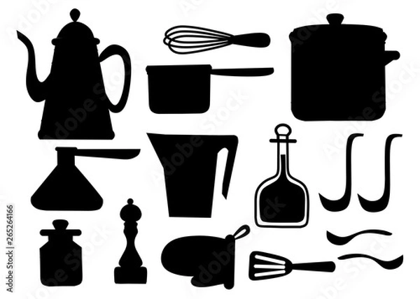 Fototapeta Black silhouette. Kitchen utensils set. Kitchenware, cookware, kitchen tools collection. Modern kitchen utensil icons in arabic style. Flat vector illustration isolated on white background