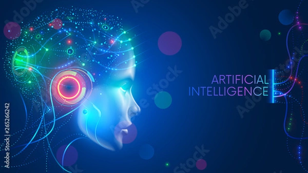 Fototapeta Sztuczna inteligencja w humanoidalnej głowie z myślą o sieci neuronowej. AI with Digital Brain uczy się przetwarzania dużych zbiorów danych i analizowania informacji. Twarz cyber-umysłu. Koncepcja tło technologii.