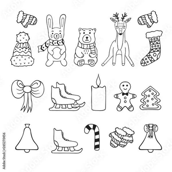 Fototapeta Set of hand drawn Christmas bear, deer, rabbit, bow and decorations. Winter elements, gingerbread cookies, candy for greeting card. Vector isolated holiday design decor.