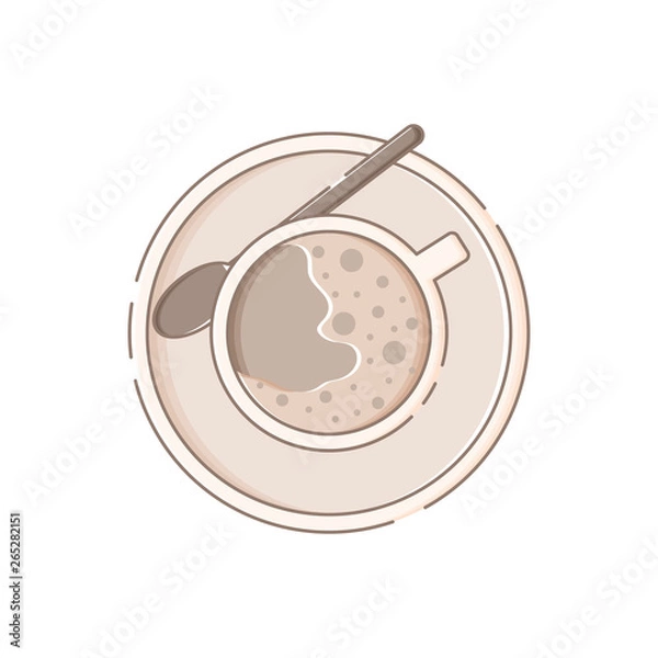 Fototapeta Cute isolated mug with saucer, spoon and coffee with milk. Sticker, patch, badge, pin or tattoo. White background. Flat linear style illustration. Vector.