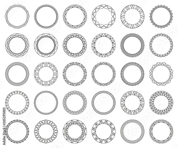 Fototapeta Large set of round frames. Border made of lines. Geometric ornaments. Circle shapes. Designer templates for invitations and holiday cards.