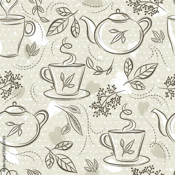 Fototapeta Beige seamless patterns with tea set, cup, tea pod, leafs, flower and text.Background with tea set. Ideal for printing onto fabric and paper or scrap booking.