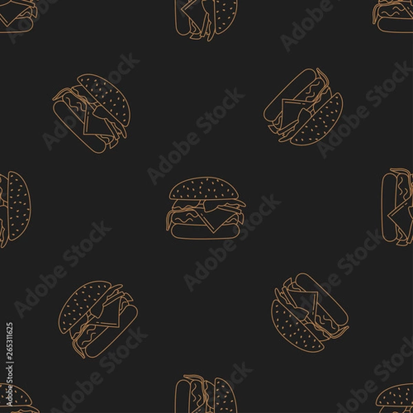Fototapeta Burger seamless pattern with icons. Style Outline. illustration on the theme of bakery products and bread baking. Vector background.