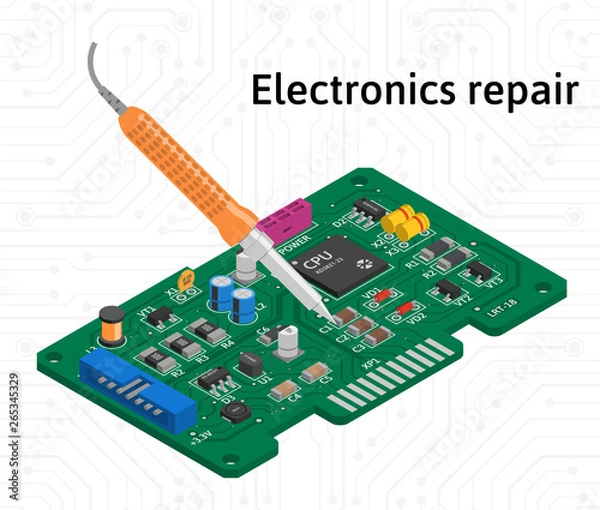 Obraz Vector isometric printed circuit board with soldering iron. Electronics repair.