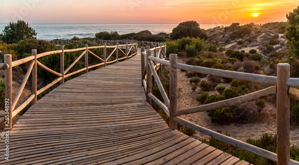 Fototapeta Weathered lumber path leading to calm sea during beautiful sunset in countryside in Cabopino, Artola dunes. Marbella, Spain