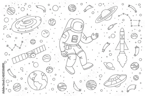 Fototapeta Astronaut doodle vector illustration with different cosmic objects