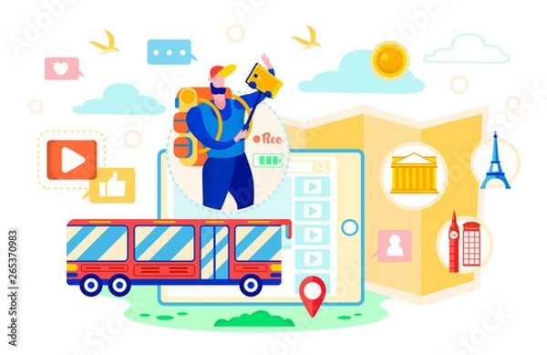 Fototapeta Vector Illustration Vlog Bus Travel Cartoon Flat.