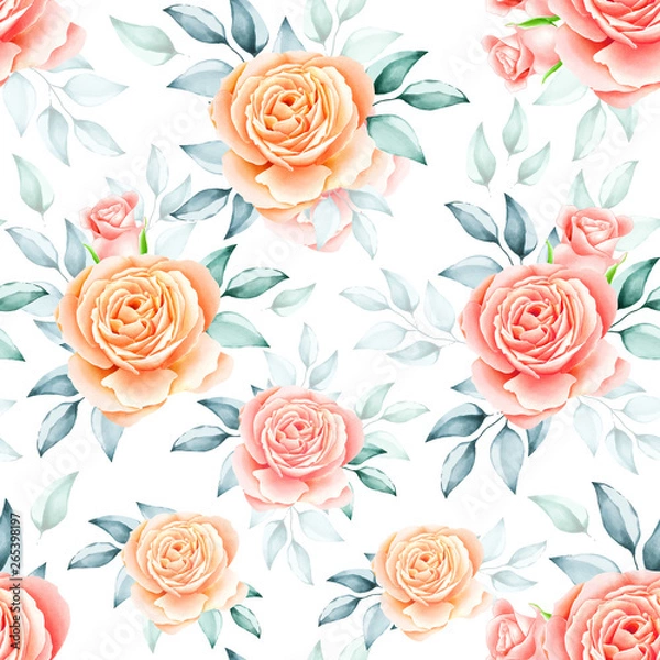 Fototapeta watercolor floral and leaves seamless pattern