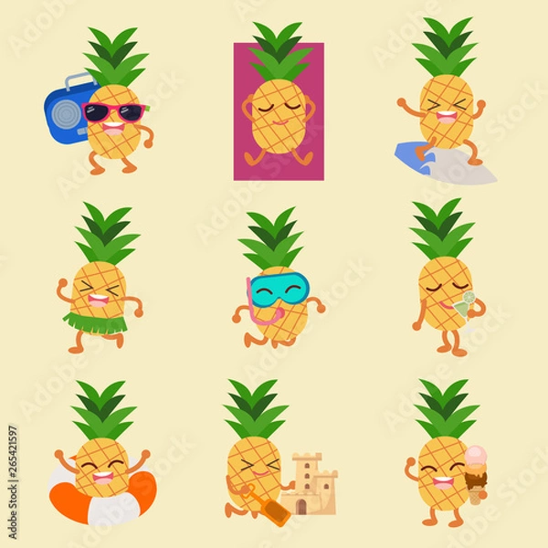 Obraz Set of cute and funny pineapple characters , Summer time, cute cartoon character vector illustration isolated on background. Pineapple characters, mascots  Pineapple cute characters set for summer