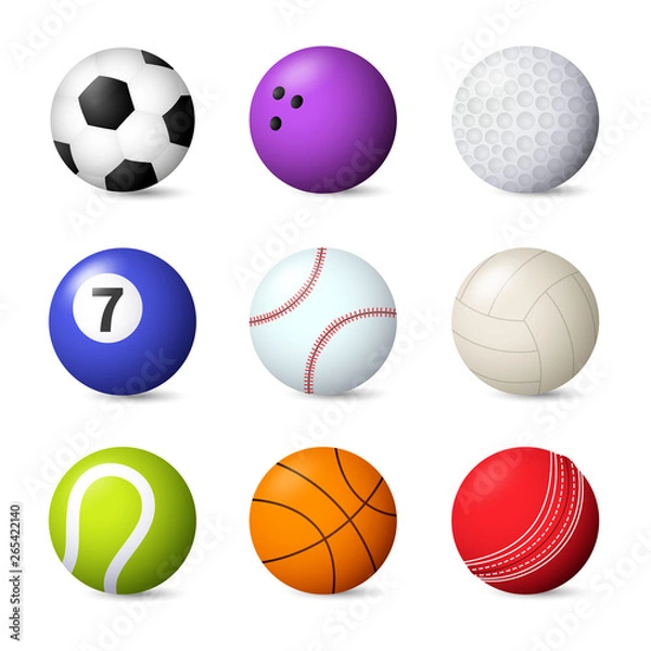 Fototapeta Balls set vector illustration. Bowling, baseball, football, snooker, tennis. Ball games concept. Vector illustration can be used for topics like sport, leisure, hobby