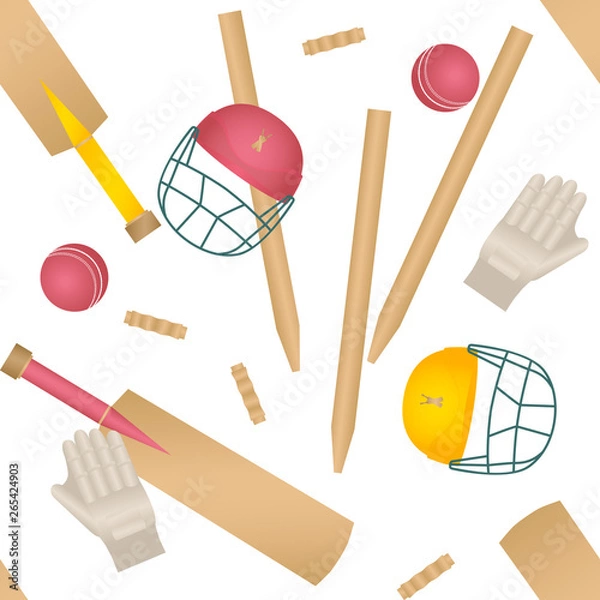 Obraz Uniforms and accessories for cricket. Helmet, bat, wicket, ball seamless vector pattern.