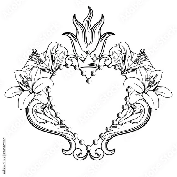 Obraz Sacred heart of Jesus. Beautiful ornamental heart with lilies, crown in black color isolated on white background. Vector illustration