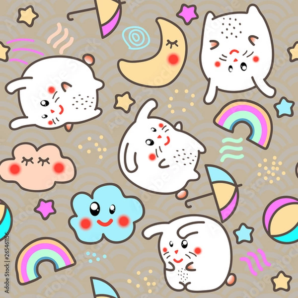 Obraz Kawaii style Seamless Pattern Background with cute clouds, stars, rainbow and moon.