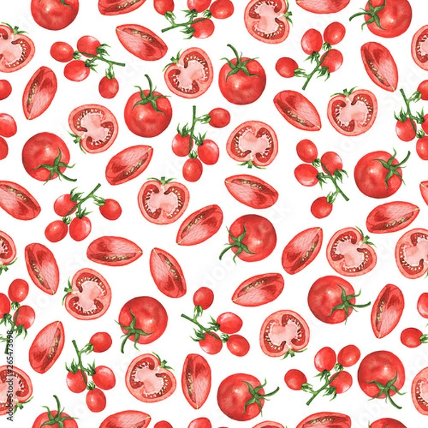 Fototapeta Seamless pattern with fresh tomatoes and tomato slices on white background. Hand drawn watercolor illustration. 