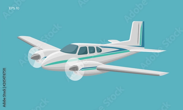 Fototapeta Small plane vector illustration. Twin engine propelled passenger aircraft.