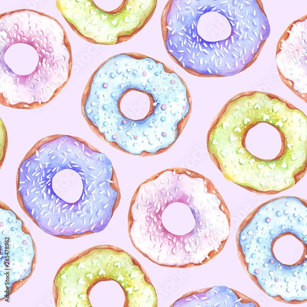 Obraz Donuts seamless pattern. Watercolor doughnuts.