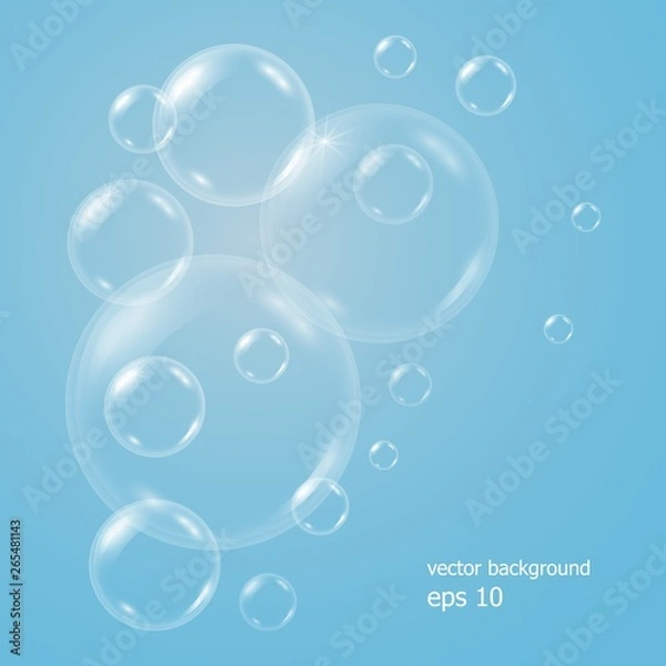 Fototapeta Vector realistic blue background with transparent soap water bubbles, balls or spheres. 3D illustration. EPS 10.