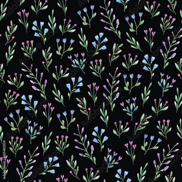 Obraz Watercolor painting of leaf and flowers, seamless pattern on dark background