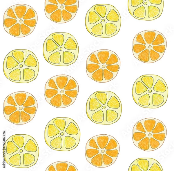 Fototapeta seamless pattern with slices of oranges and lemons. raster illustration, sketch. for design and decoration