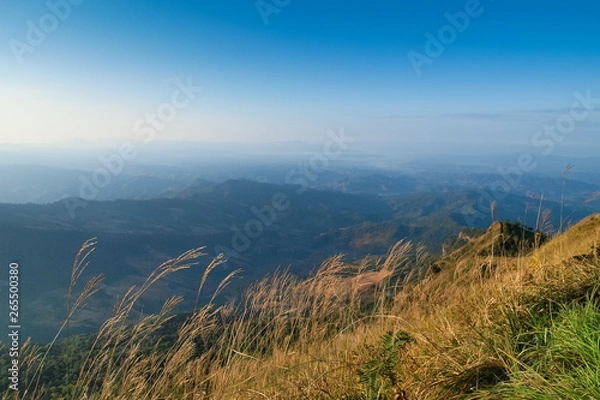 Fototapeta Mountain view morning of the hill around with soft fog and blue sky background, Tan Pha Tey Wor Da View Point, Phu Langka Forest Park, Phayao, Thailand.