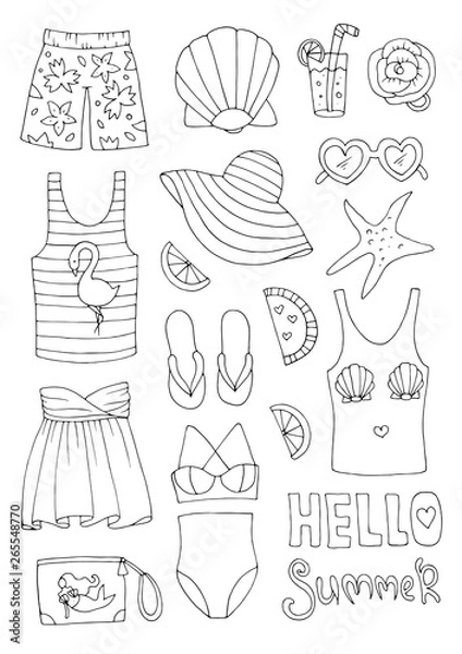 Fototapeta JPEG drawn set icons, signs summer fashion beachwear and accessories. Collection Summer elements for summer holiday and party. Set collection for design card and print on t-shirt Coloring page 