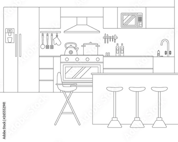 Fototapeta Vector Line Illustration of Interior of Kitchen with Furniture and Appliances. Whire and Black Outline Sketch of Home Related. Vector Design in Line Art Style. Design of Modern Interior of Kitchen