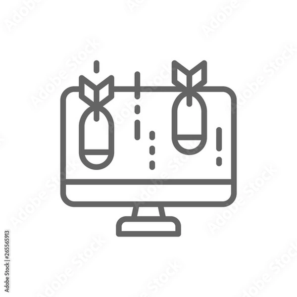 Fototapeta Vector computer with bomb, virus line icon.