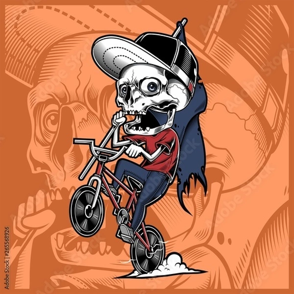Obraz skull riding a bicycle holding flag