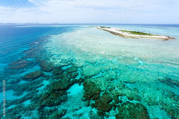 Obraz Aerial view of deserted tropical island on coral reef, Okinawa