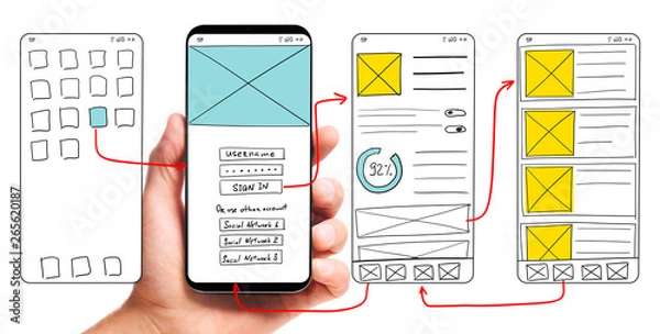 Obraz UI development. Male hand holding smartphone with wireframed user interface screen prototypes of a mobile application on white background.