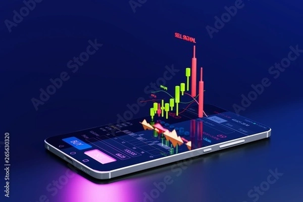 Fototapeta Stock Signal, Buy Signal, Sell Signal, Mobile foreign exchange trading - 3d render