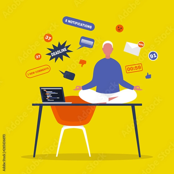 Fototapeta Meditation. Yoga at the office. Harmony and relaxation. Calm male character sitting in a lotus pose on a desk surrounded by the cloud of pop up notifications. Flat editable vector illustration
