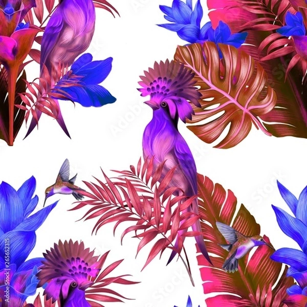 Obraz Botanical art digital painting flora birds hand drawing painting illustration  seamless pattern white background