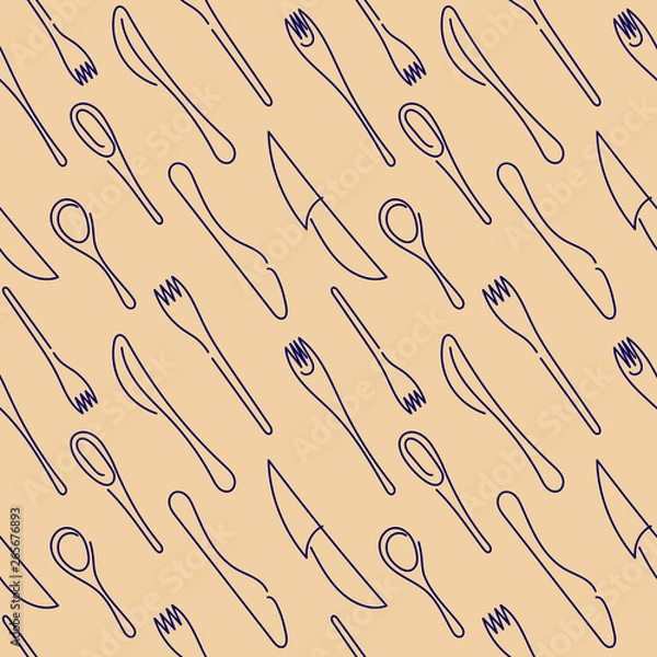 Fototapeta Cooking Seamless Background. Contour Cutlery Background. Isolated kitchen utensils. One Line Drawing. Vector illustration