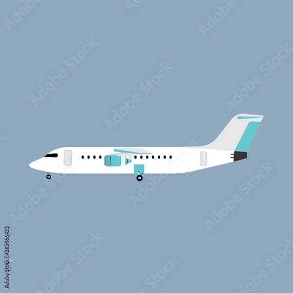 Fototapeta Airliner transportation journey white plane side view. Tourist travel airbus vector flat