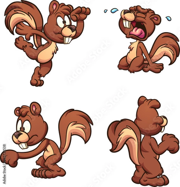 Fototapeta Cartoon squirrel with different expressions and poses clip art. Vector illustration with simple gradients. Each on a separate layer.