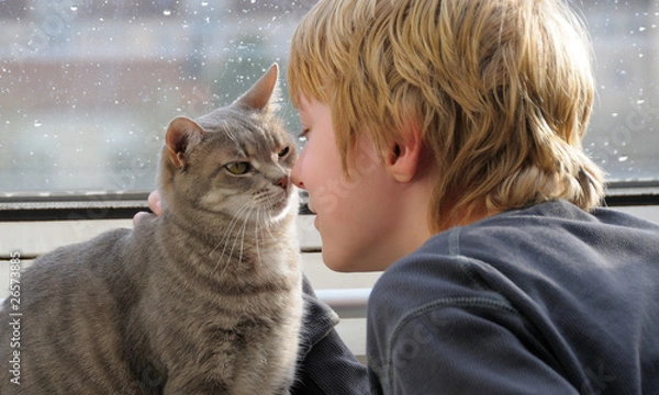 Obraz Boy and his beloved cat