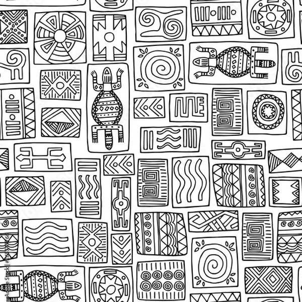 Obraz Tribal African seamless pattern on white background. Hand drawn black and white tribal vector pattern with doodle elements for design:  wallpaper, fabric, textile, paper.