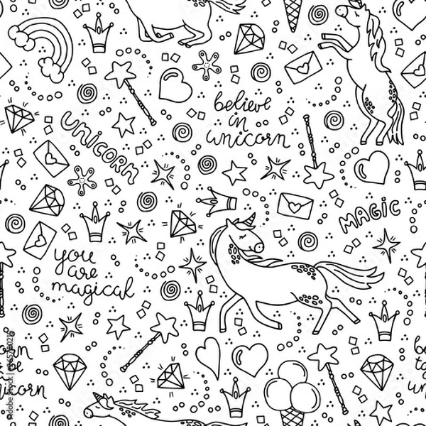 Fototapeta Hand-drawn seamless pattern with unicorns. Black and white vector pattern with writing elements. 