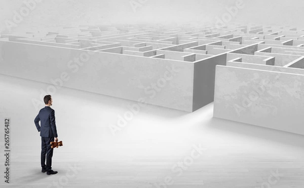 Obraz Businessman getting ready to enter the labyrinth with objects in his hand concept
