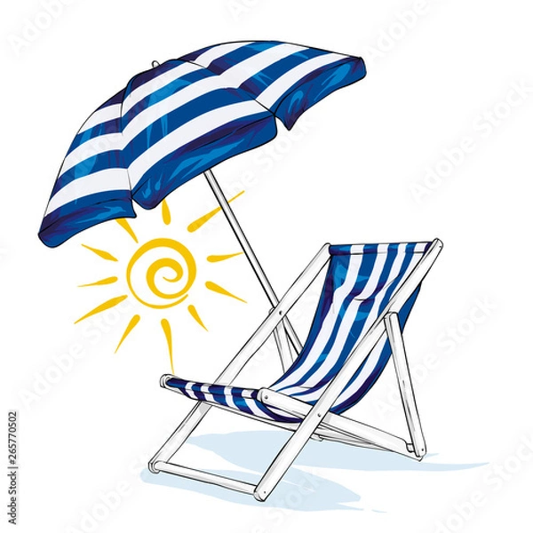Obraz Beach chaise longue, umbrella and sun. Summer and relaxation by the sea. Vector illustration.