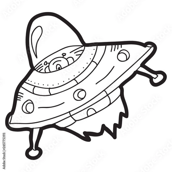 Obraz Cartoon doodle illustration of UFO flying saucer for coloring book, t-shirt print design, greeting card