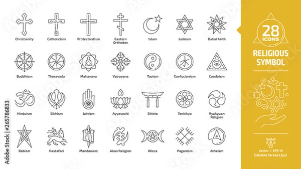 Fototapeta Ikona konturu obrysu edytowalnego symbolu religijnego z krzyżem chrześcijańskim, półksiężycem islamu i gwiazdą, gwiazdą judaizmu Dawida, kołem dharmy buddyzmu, znakiem linii religii taoizmu yin i yang.