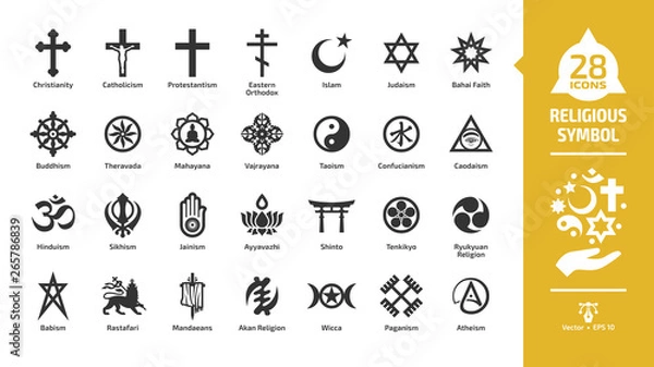 Fototapeta Symbol glifów symbol religijny zestaw z krzyżem chrześcijańskim, półksiężyca i gwiazdy islamu, gwiazda judaizmu dawida, koło buddyzmu dharmy, hinduizm aum list religia sylwetka znak.