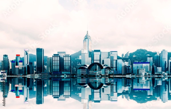 Fototapeta Hong Kong cityscape at Victoria Harbour with beautiful reflection , View from Star ferry , kowloon
